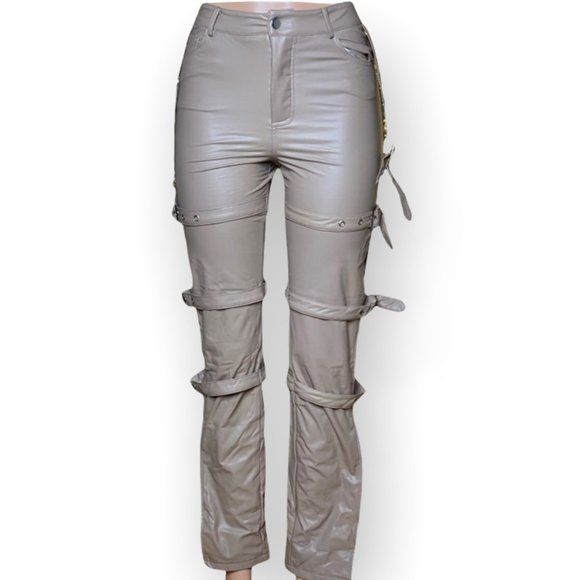 Tan- Hot & Delicious Buckle High Slit Pants - Picture 2 of 2